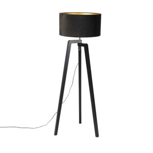Floor lamp tripod black wood with black shade 50 cm – Puros