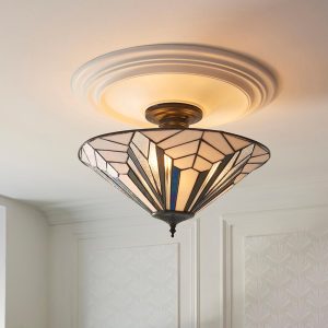 Anqing Tiffany Glass Semi-Flush Ceiling Light In Satin Black