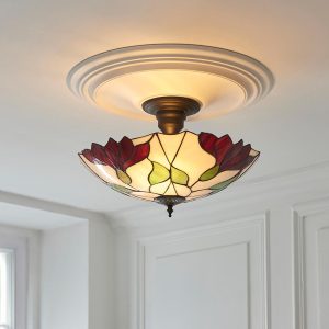 Barrigada Tiffany Glass Semi-Flush Ceiling Light In Satin Black