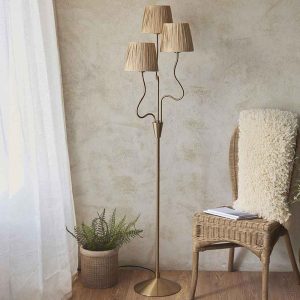 Tampa 3 Light Fabric Floor Lamp In Aged Brushed Brass