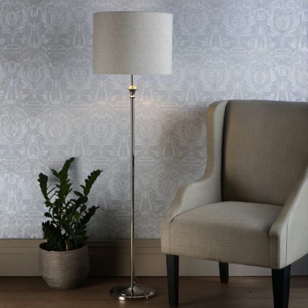 Laura Ashley Highgrove Floor Lamp In Polished Nickel With Natural Linen Shade