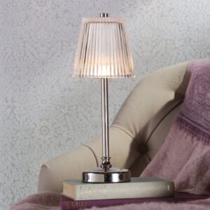 Laura Ashley Callaghan Rechargeable Table Lamp In Polished Nickel Finish With Ribbed Glass Shade LA3756661-Q